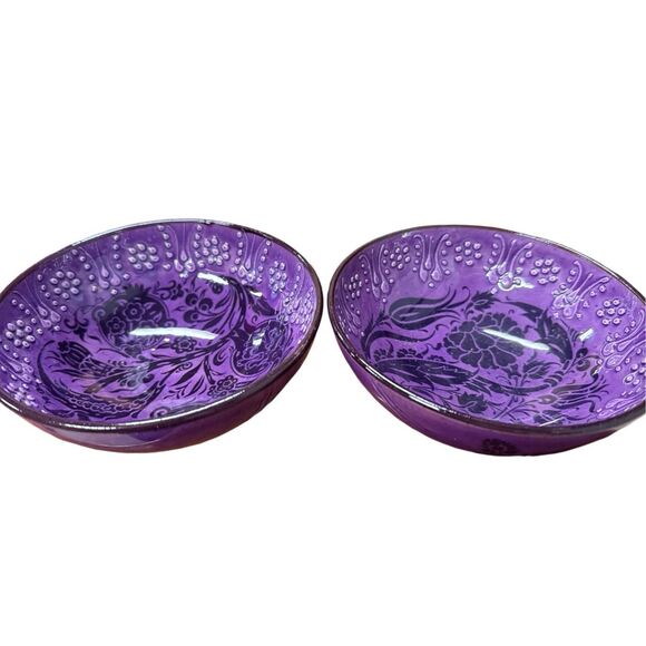 Handmade Ceramic Bowls - Set of 2 Hand painted Turkish Pottery Purple Black - Picture 1 of 12